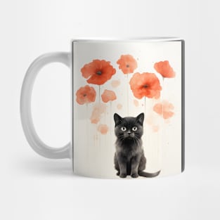Retro Watercolor Cat and Poppies Flowers | Vintage-Inspired Artwork Mug